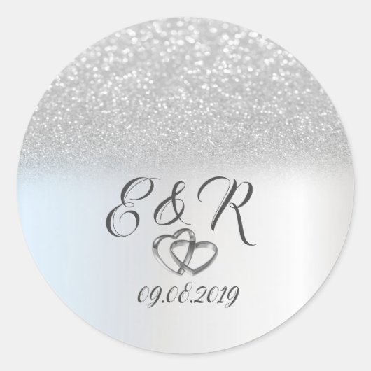 Sticker Rond Elégant Parties scintillant Argent Bokeh, Mariage (Devant)