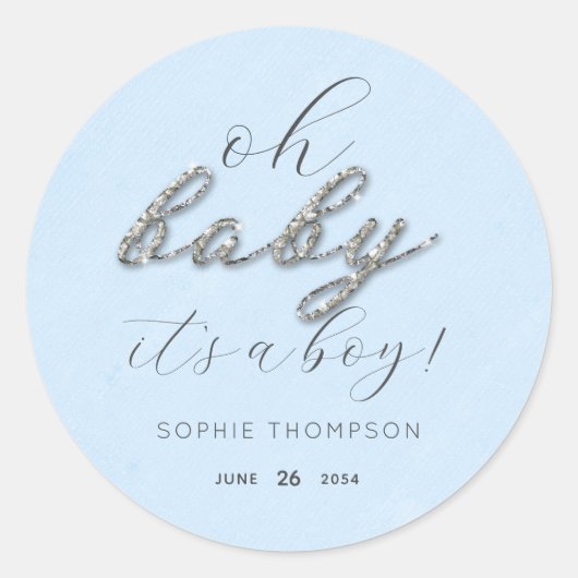 Sticker Rond Elégant Parties scintillant Bleu Baby shower Merci (Devant)