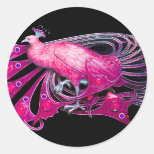 STICKER ROND ELÉGANT PEACOCK EN ROSE, FUCHSIA, NOIR