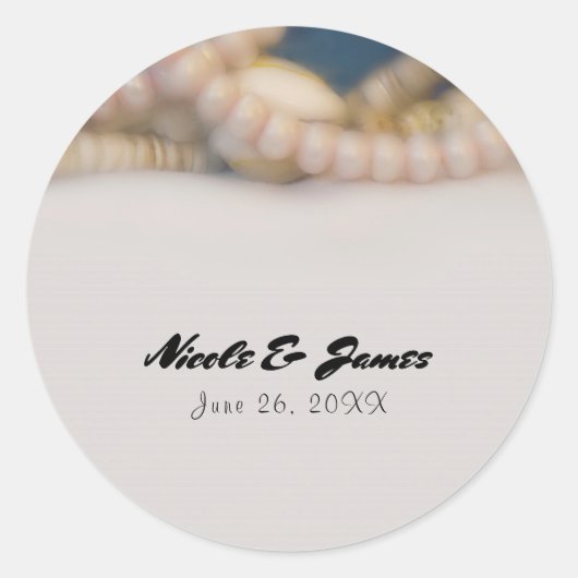 Sticker Rond Elégant Pearls & Sea Shells Plage Mariage Faveur (Devant)