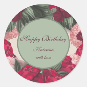Sticker Rond Elégant Peonies Joyeux anniversaire