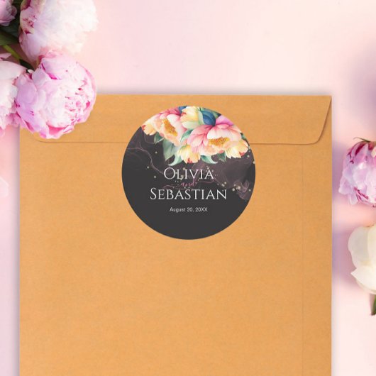 Sticker Rond Elégant Peony aquarelle sur noir | MARIAGE