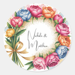 Sticker Rond Elégant Peony Bouquet Mariage