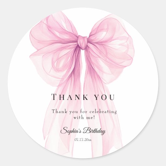 Sticker Rond Elegant Pink Bow Birthday Watercolor (Devant)