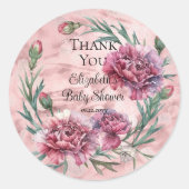 Sticker Rond Elegant Pink Carnations Baby Shower (Devant)