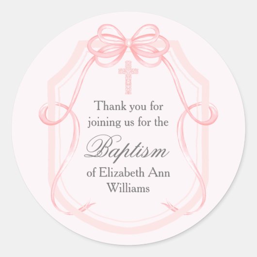 Sticker Rond Élégant Pink Ribbon Bow Baptiser Party (Devant)