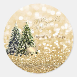 Sticker Rond Élégant, Pins , Cerf Doré, Bokeh Brillants