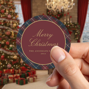 Sticker Rond Élégant Plaid de Noël Classique