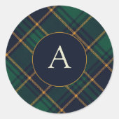 Sticker Rond Élégant Plaid Monogramme Vert Marine (Devant)