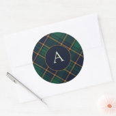 Sticker Rond Élégant Plaid Monogramme Vert Marine (Enveloppe)