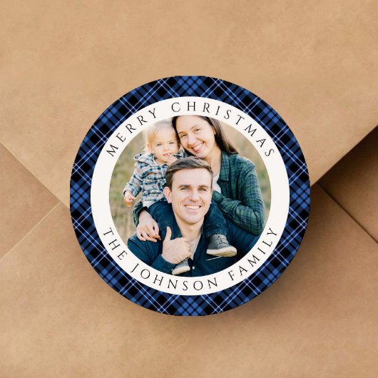 Sticker Rond Elegant Plaid Photo Christmas