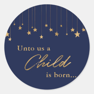Sticker Rond Élégant pour nous l'enfant est né or bleu Noël