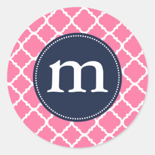 Sticker Rond Élégant Quatrefoil marocain rose Personnalisé