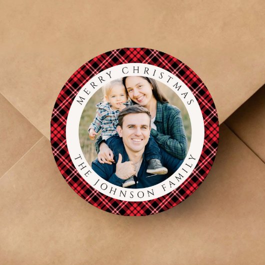 Sticker Rond Elegant Red Plaid Photo Christmas
