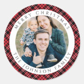 Sticker Rond Elegant Red Plaid Photo Christmas (Devant)
