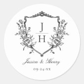 Sticker Rond Élégant régence Floral Crest Monogram Mariage (Devant)