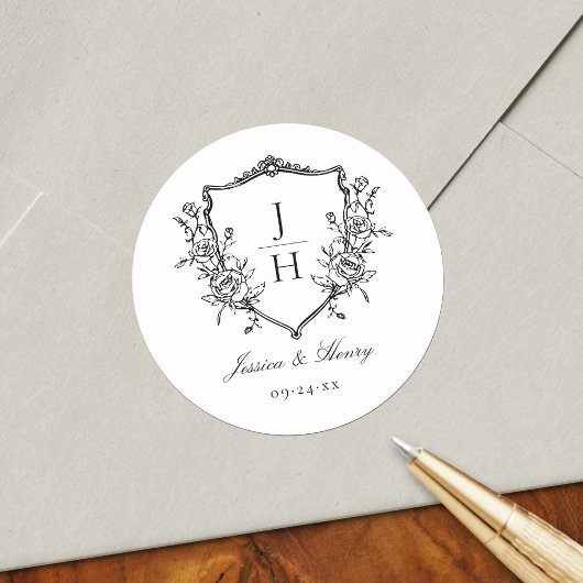 Sticker Rond Élégant régence Floral Crest Monogram Mariage