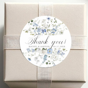 Sticker Rond Élégant Remerciement de Mariage Floral Bleu Blanc 