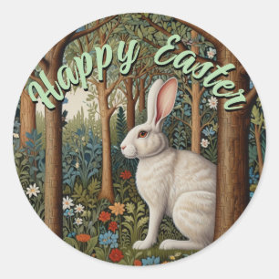 Sticker Rond Elégant retro boho blanc lapin boisé Pâques