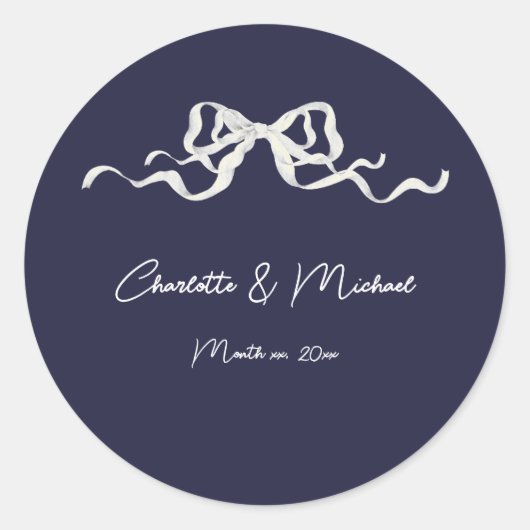 Sticker Rond Elegant Romantic Navy Ribbon Wedding (Devant)