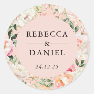 Sticker Rond Elégant rose Aquarelle Peonies Floral Mariage
