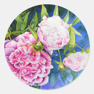 Sticker Rond Elégant rose blanc classique aquarelle floral