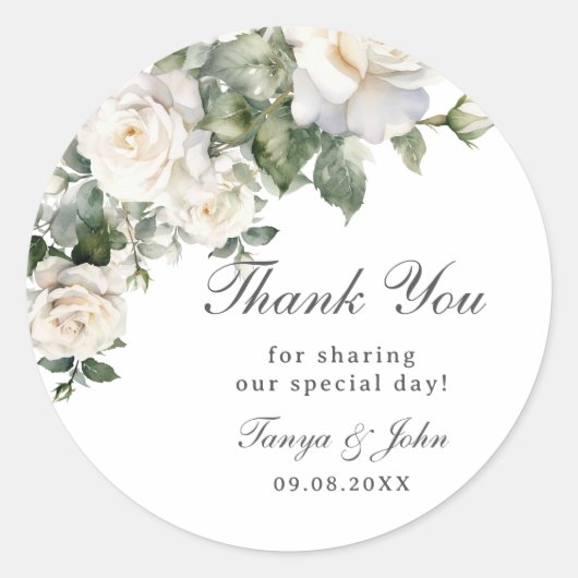 Sticker Rond Élégant Rose blanc ivoire Floral Mariage (Devant)
