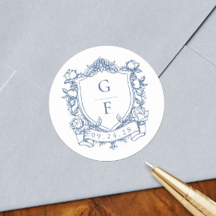 Sticker Rond Élégant Rose Bleu Monogram Crest Mariage