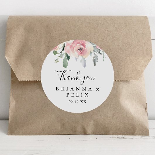 Sticker Rond Elégant rose Blush Floral Merci Mariage Favoriser