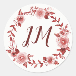 Sticker Rond Élégant Rose de Bourgogne Mariage de monogramme de