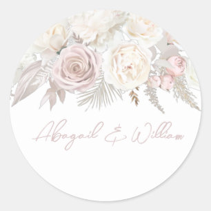 Sticker Rond Elégant Rose Dusty & Mariage Floral blanc ivoire
