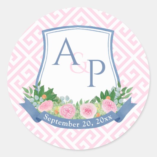 Sticker Rond Élégant Rose Et Marine Monogram Mariage Crest Favo (Devant)