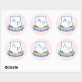 Sticker Rond Élégant Rose Et Marine Monogram Mariage Crest Favo (Feuille)