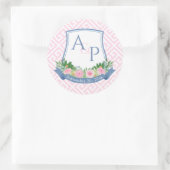 Sticker Rond Élégant Rose Et Marine Monogram Mariage Crest Favo (Sac)