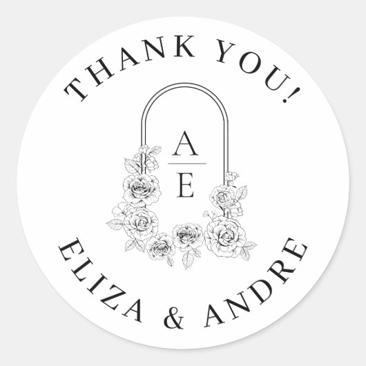 Sticker Rond Élégant Rose Floral Couples de couronne Monogramme (Devant)