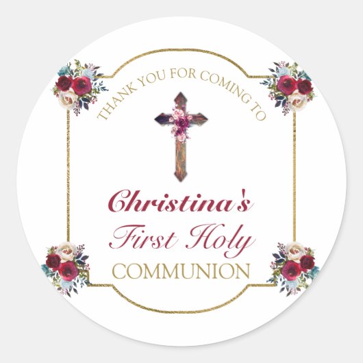 Sticker Rond Élégant Rose Floral Gold First Holy Communion (Devant)