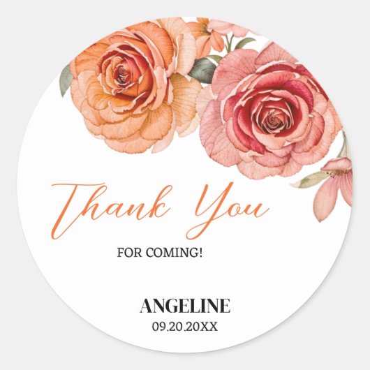 Sticker Rond Elégant Rose Floral Rouge Orange Anniversaire Merc (Devant)
