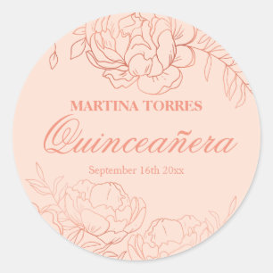 Sticker Rond Élégant Rose Gold Blush Rose Fleurie Quinceanera