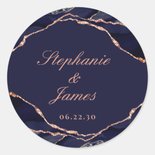 Sticker Rond Élégant Rose Gold Feuille de Navy Blue Agate Maria