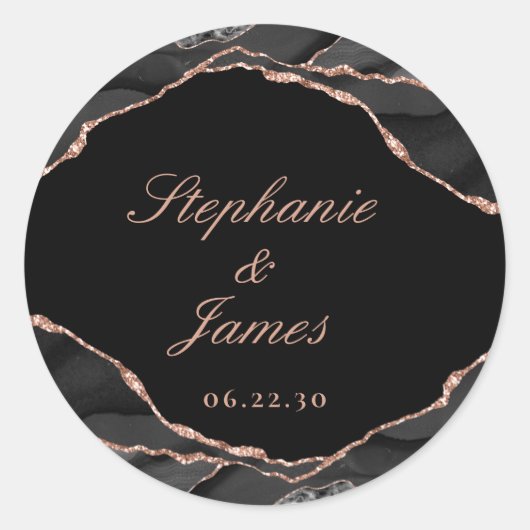 Sticker Rond Élégant Rose noir Gold Foil Mariage Agate (Devant)