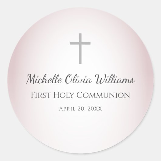 Sticker Rond Élégant Rose Or Simple Croix Première Communion (Devant)