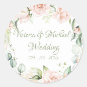 Sticker Rond Élégant rose & Pastel Vert Mariage floral (Devant)