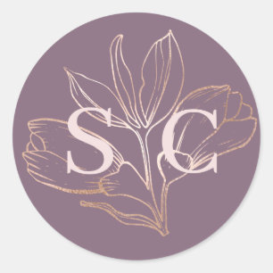 Sticker Rond Élégant Rose Poussiéreuse Monogramme Botanique Mar