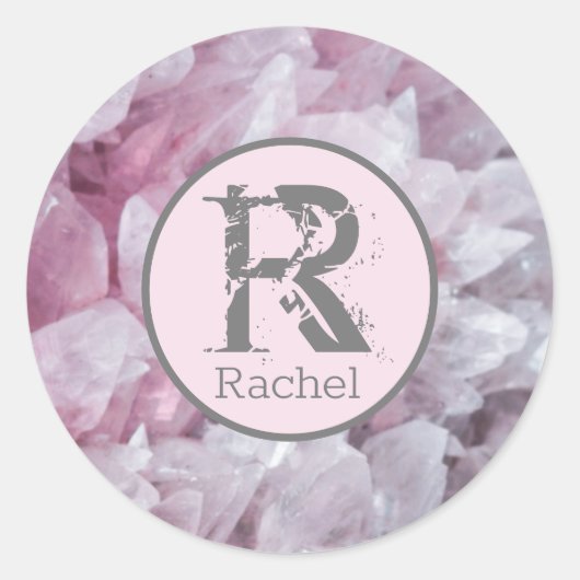 Sticker Rond Élégant rose Quartz Nom Monogramme Modèle (Devant)