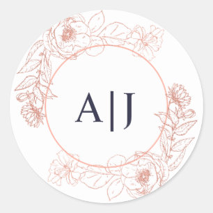 Sticker Rond Élégant rose Rose or Mariage Floral Monogramme