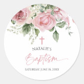 Sticker Rond Élégant rose rose rose floral Baptême (Devant)