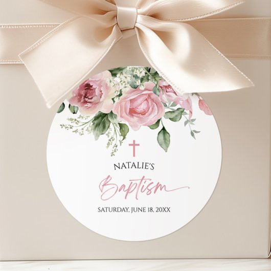 Sticker Rond Élégant rose rose rose floral Baptême