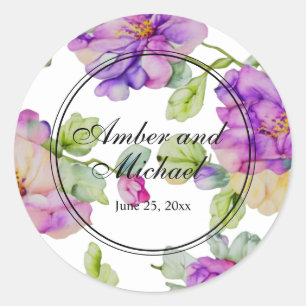 Sticker Rond Elégant rose violet aquarelle Mariage floral