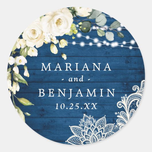 Sticker Rond Elégant Roses Blanches Dentelle Mariage en bois ru (Devant)