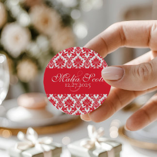 Sticker Rond Elégant Rouge Blanc Mariage damassé Favoriser